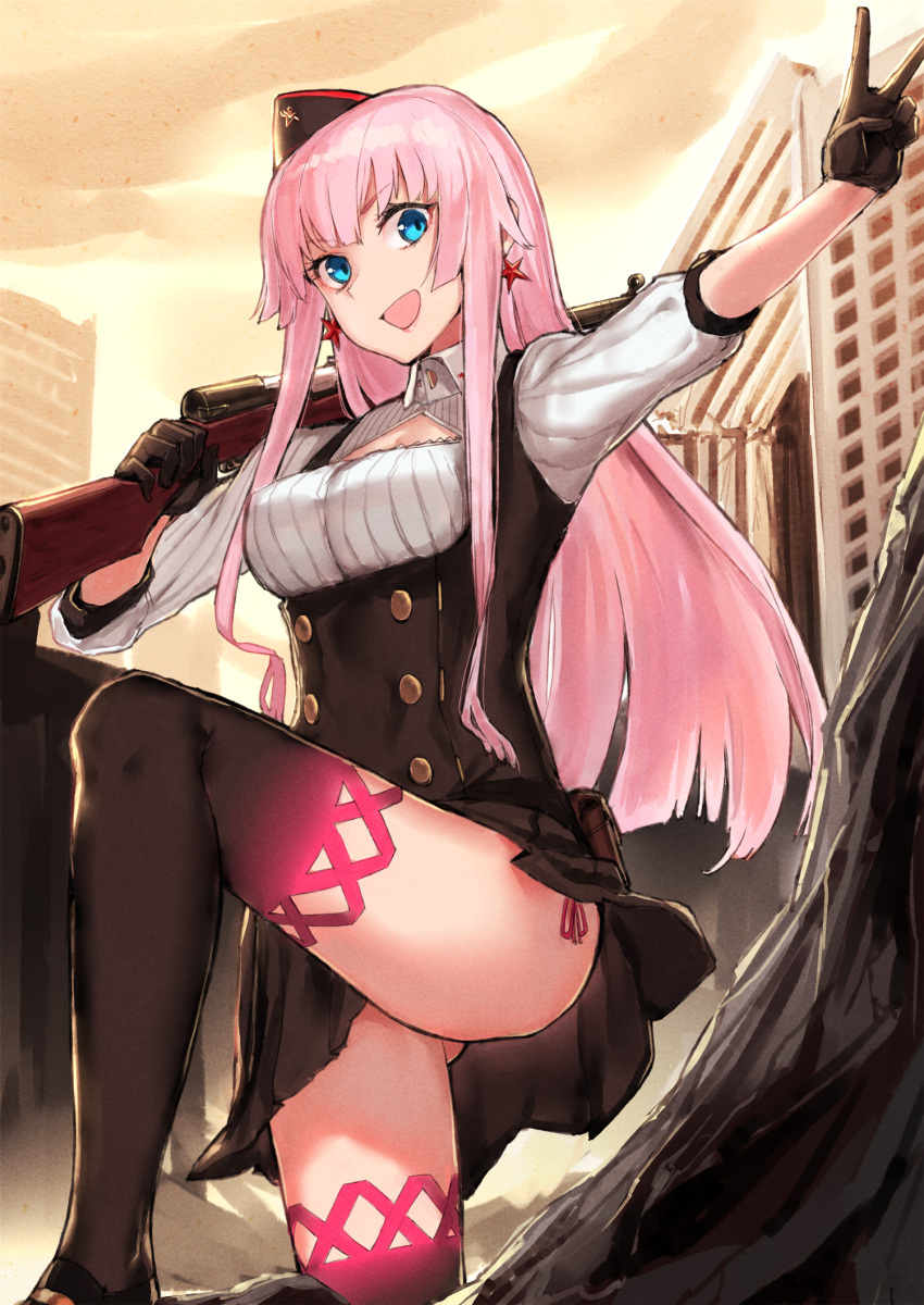 1girl, bangs, beret, black_gloves, black_skirt, blue_eyes, breasts, building
