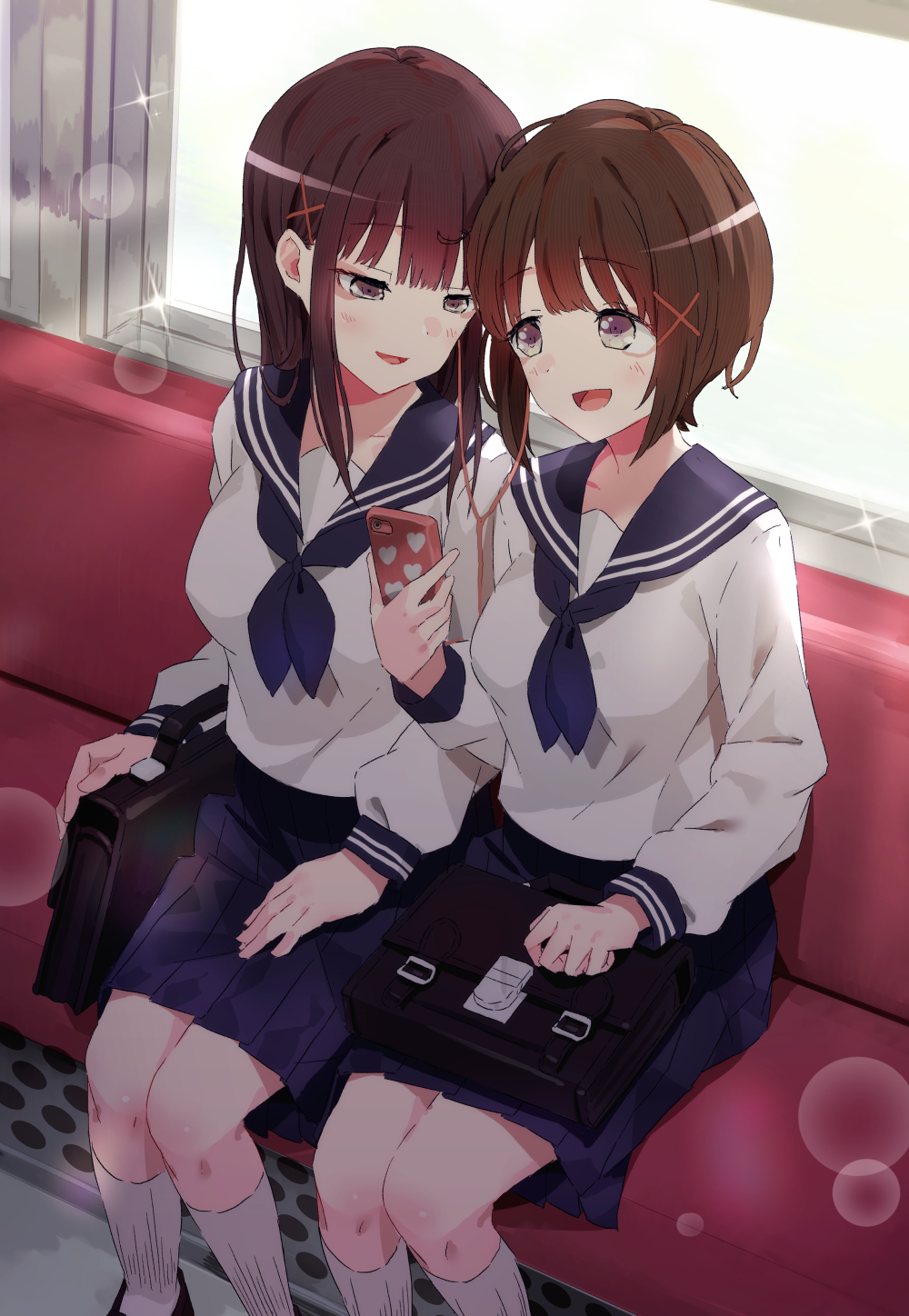 2girls, :d, bag, blue_skirt, blush, bookbag, brown_hair, earphones
