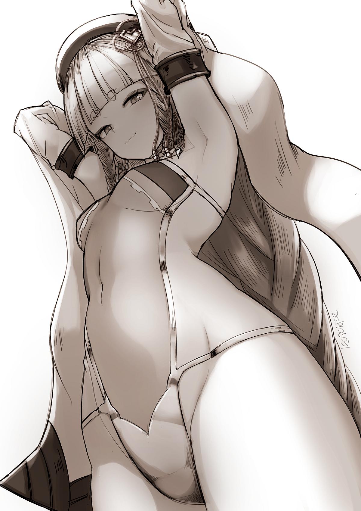 1girl, arms_behind_head, arms_up, bangs, beret, blunt_bangs, braid, breasts