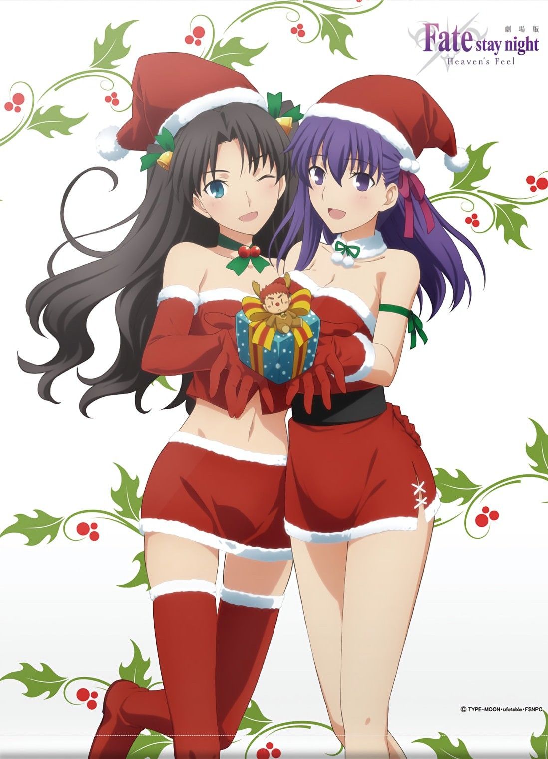 2girls, bell, black_hair, blue_eyes, box, breasts, christmas, fate/stay_night