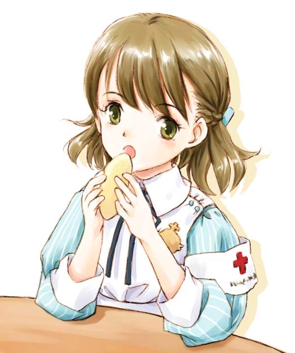 asiaaqua, brown_hair, eating, green_eyes, period, sawatari_koto, short_hair