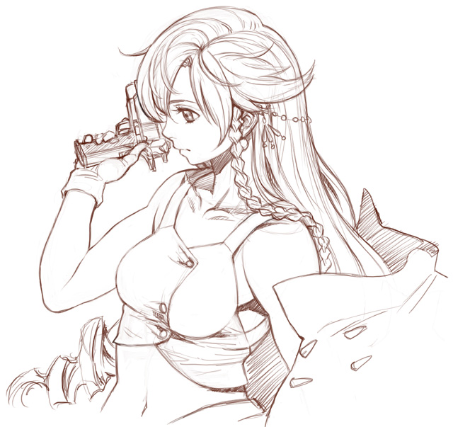 el_cazador, el_cazador_de_la_bruja, gun, hair_ornament, long_hair, midriff, monochrome, nadie, solo, weapon