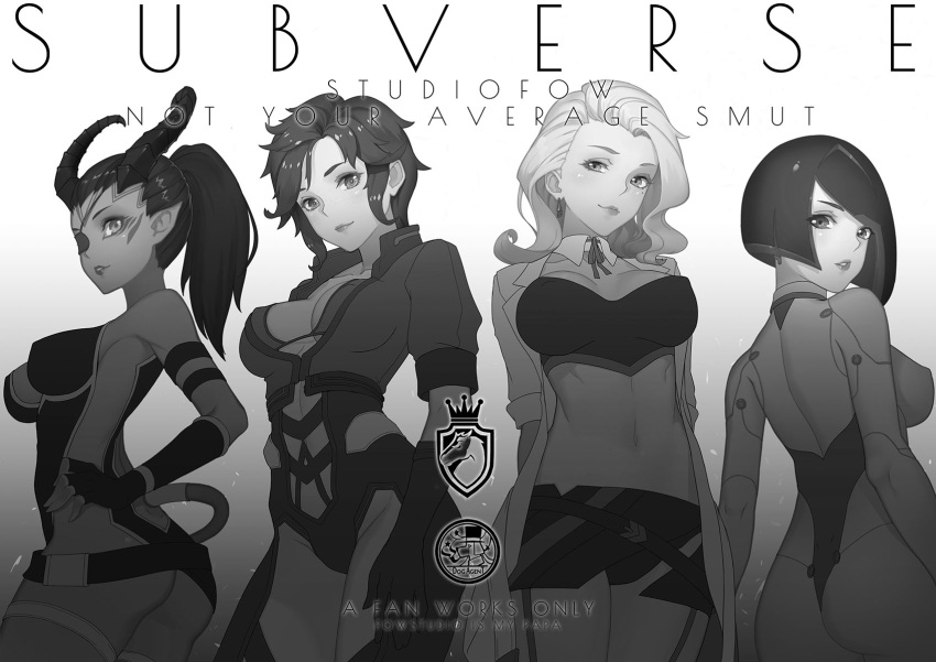 4girls, alien, android, animal_ears, arms_behind_back, ass, asymmetrical_hair, bangs, bare_shoulders, breasts, copyright_name, covered_nipples, dark_skin, demi_(subverse), demon_horns, detached_sleeves, earrings, fortune_(subverse), from_behind, from_side, gloves, greyscale, hand_on_hip, highres, horns, jacket, jewelry, killision, labcoat, lanyaojun, large_breasts, leotard, lily_(subverse), lips, long_hair, looking_at_viewer, looking_back, medium_hair, midriff, miniskirt, monochrome, multiple_girls, navel, necktie, parted_lips, pointy_ears, ponytail, robot_joints, short_hair, simple_background, skirt, smile, subverse, tail, thigh-highs, thighs, tiara, white_background