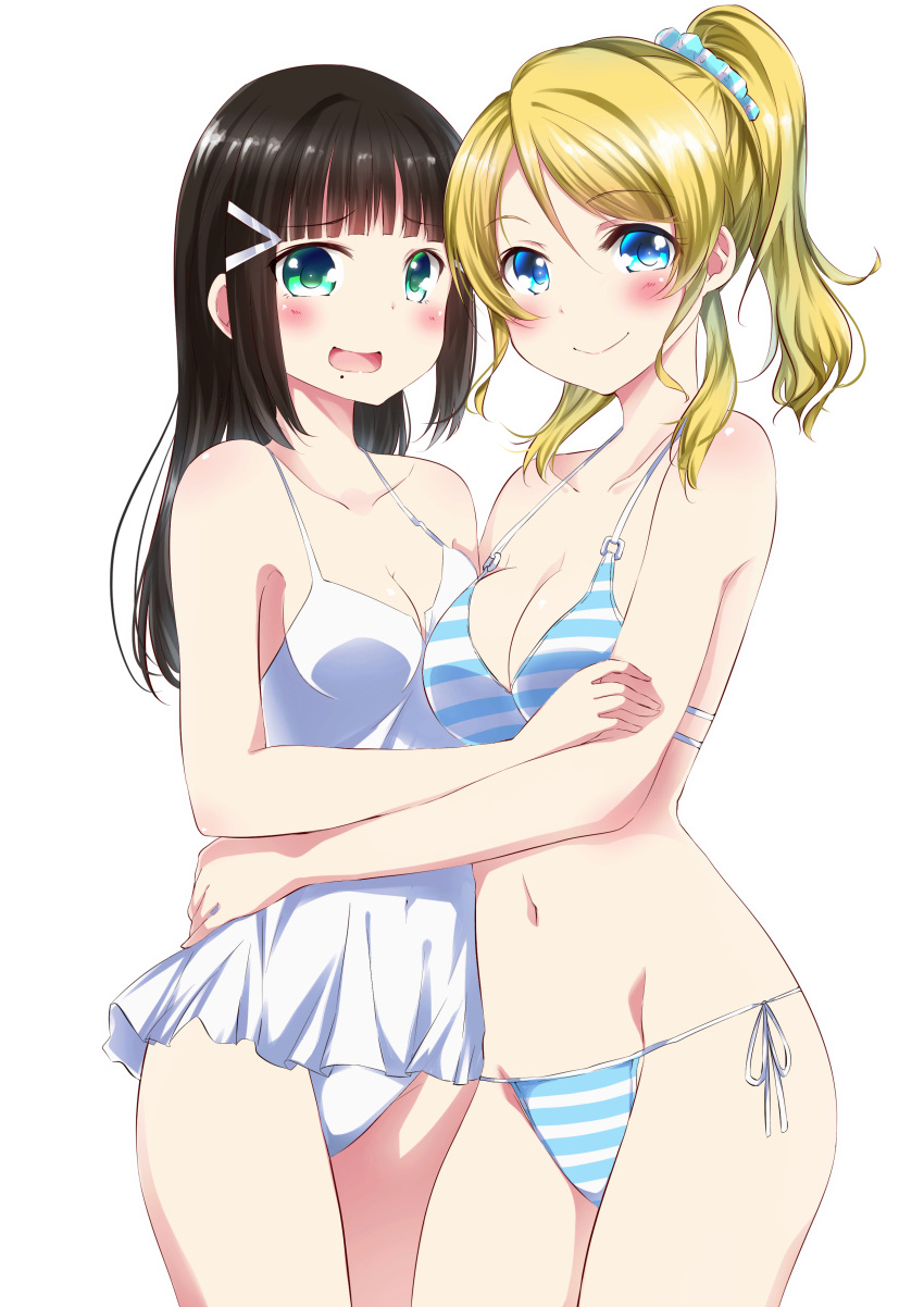 2girls, absurdres, ascii_media_works, ayase_eli, bikini, black_hair, blonde_hair, bushiroad