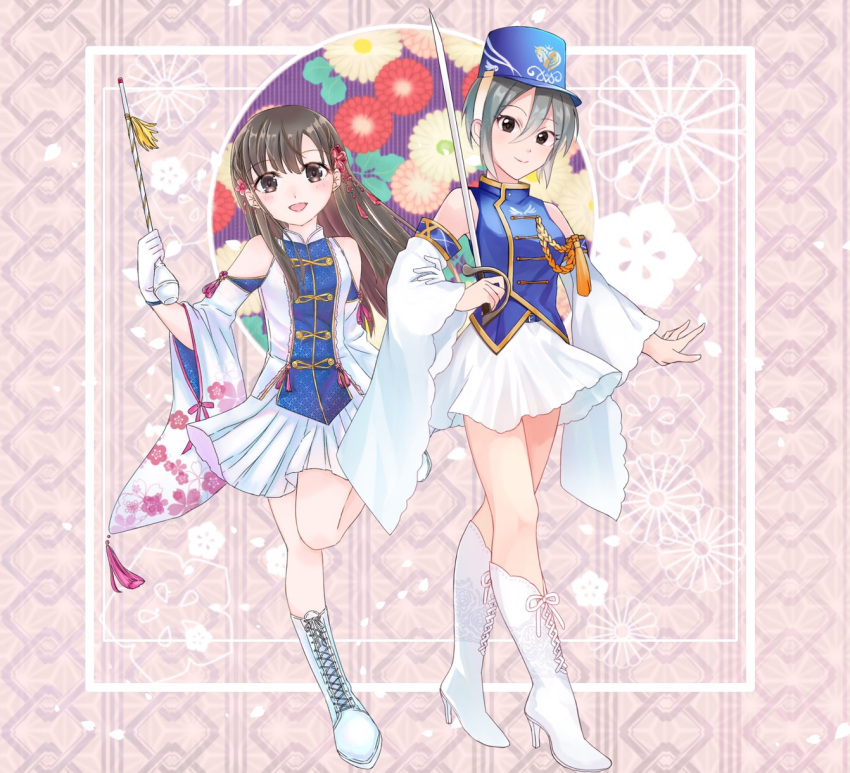 2girls, baton_(instrument), black_eyes, boots, brown_eyes, brown_hair, dakki0611, gloves