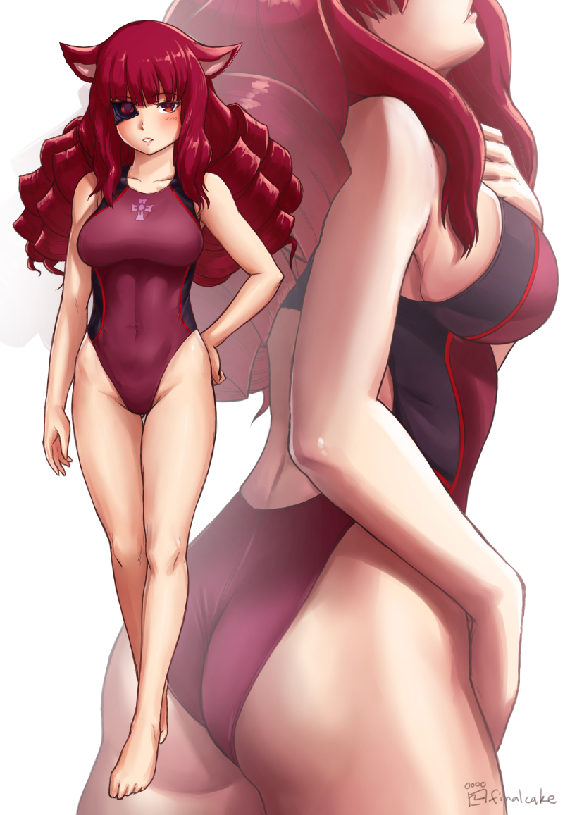 1girl, animal_ears, artist_name, ass, barefoot, cat_ears, collarbone, commentary_request