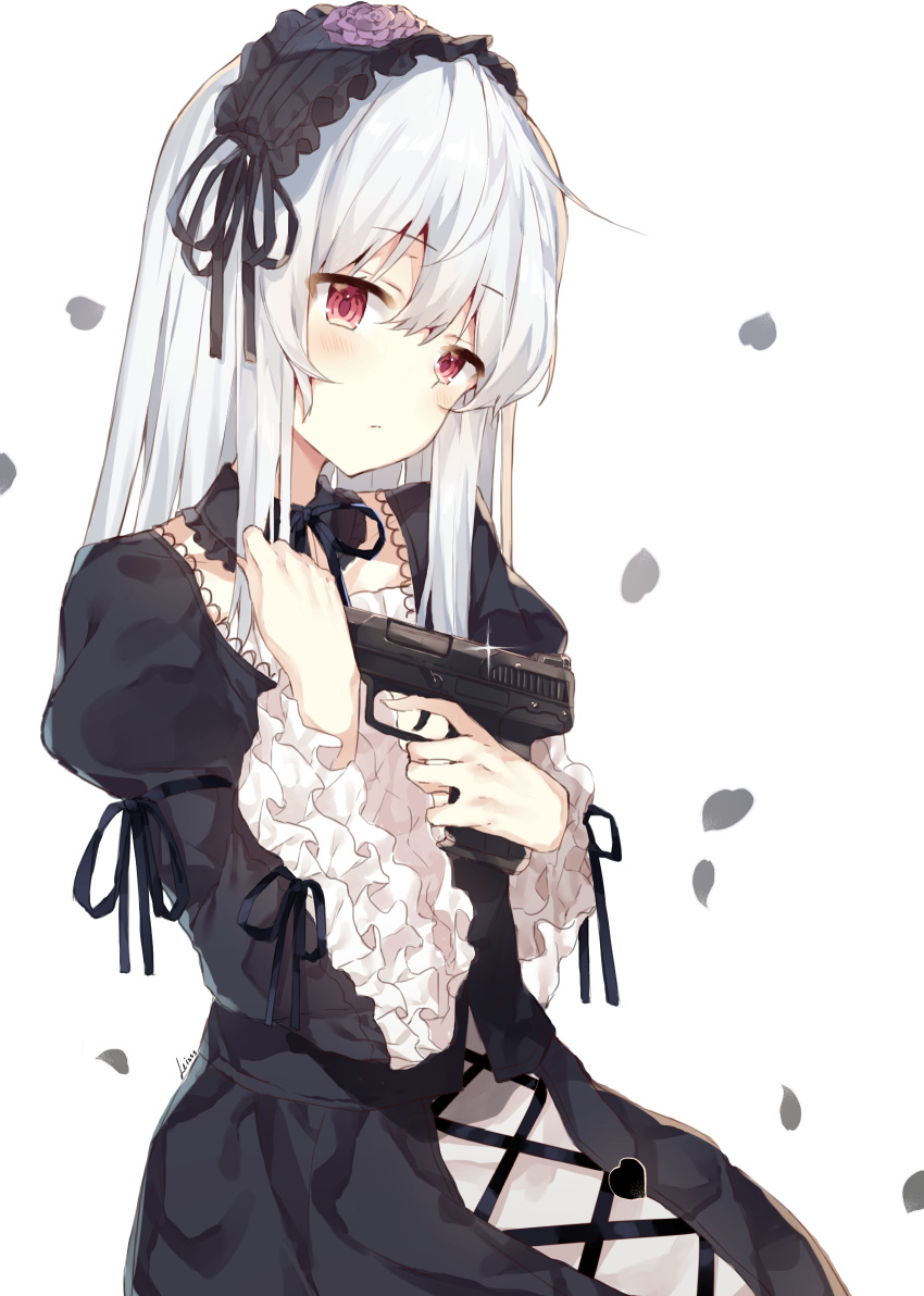 1girl, bangs, black_dress, black_hairband, black_ribbon, blush, closed_mouth, commentary_request