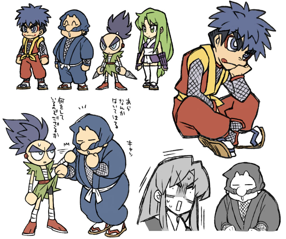1girl, 3boys, assisted_exposure, bike_shorts, blue_eyes, blue_hair, bodysuit, closed_eyes