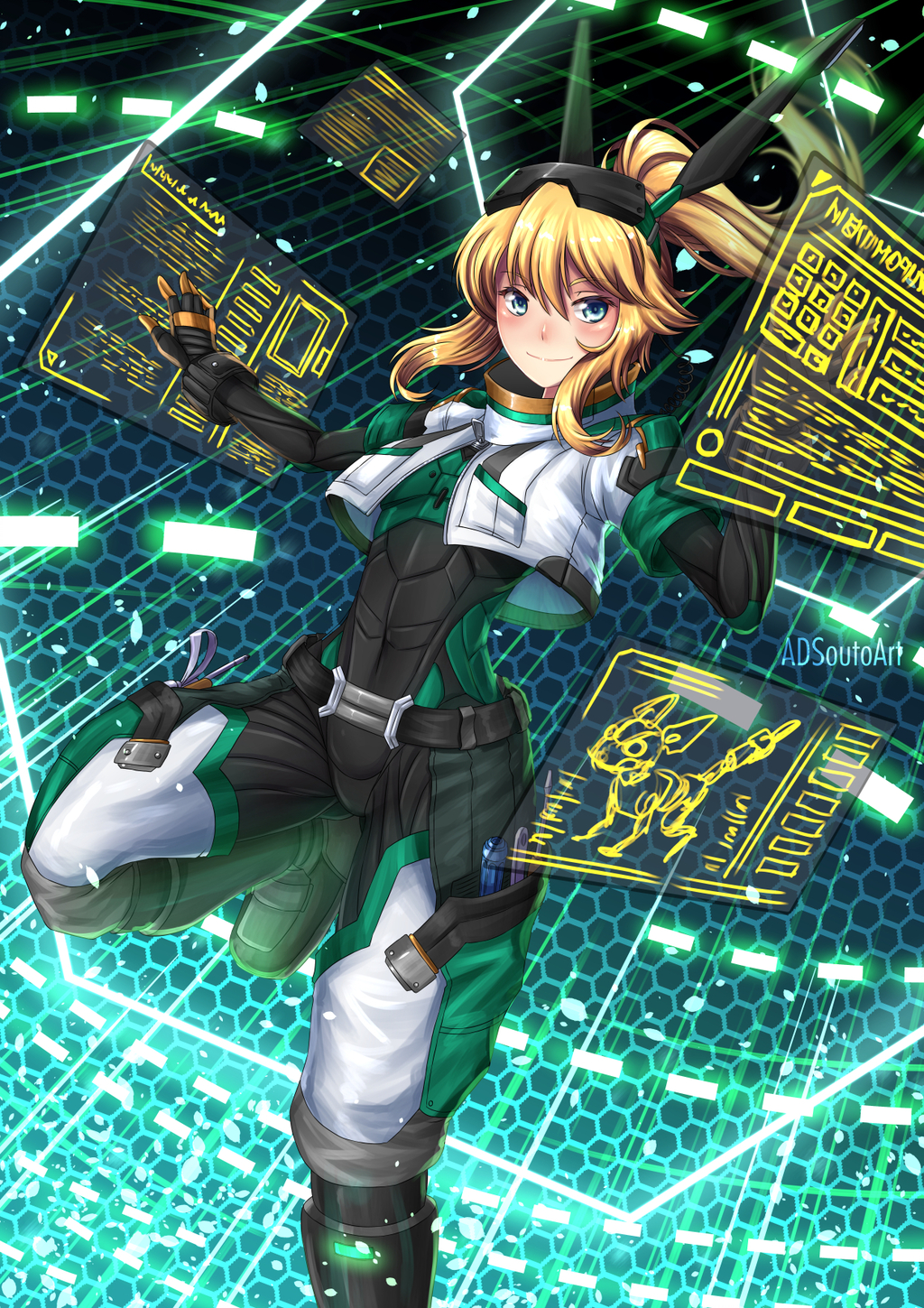 1girl, adsouto, animal_ears, blonde_hair, blue_eyes, bodysuit, cameron_maccloud, fake_animal_ears