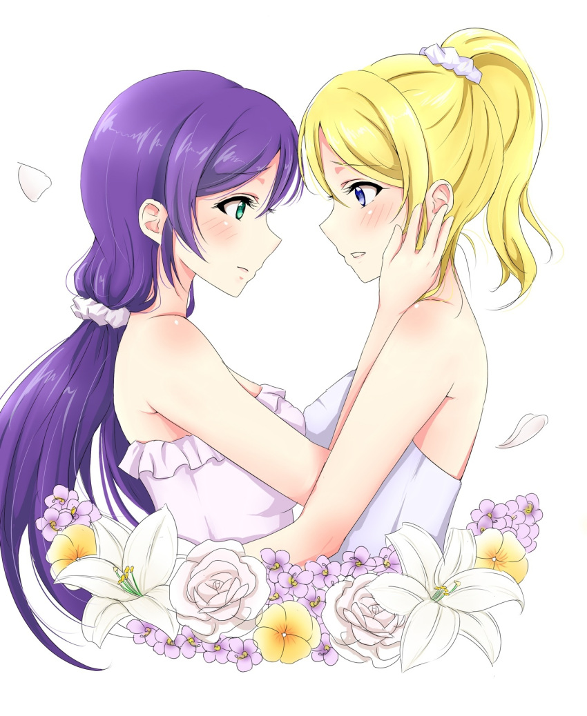 2girls, arm_around_waist, ayase_eli, bare_shoulders, blonde_hair, blue_eyes, blush, breast_press