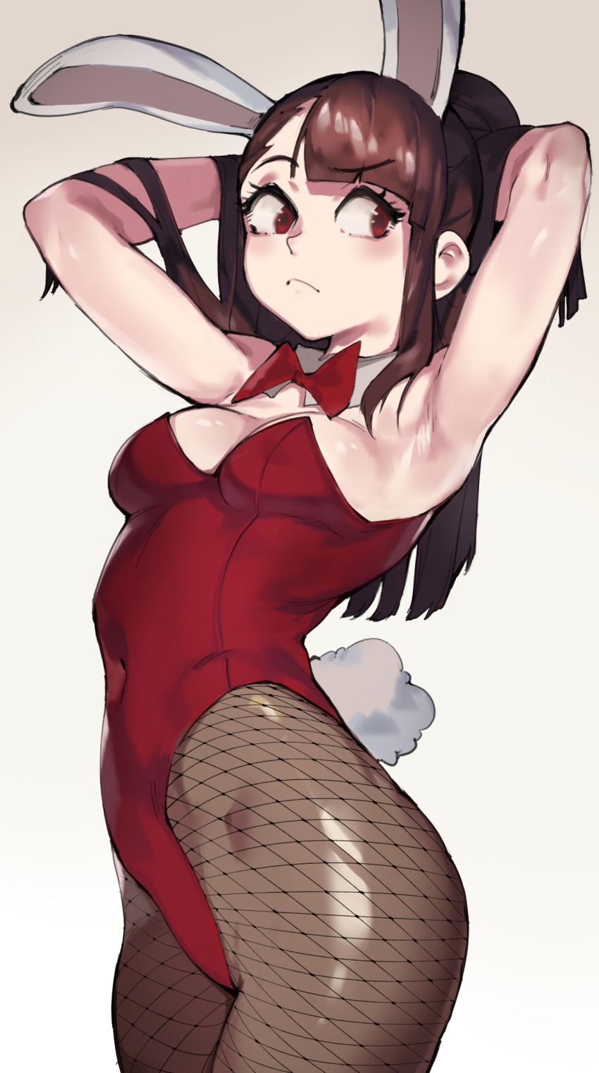 1girl, animal_ears, armpits, arms_behind_head, arms_up, bangs, bare_arms, beige_background, blunt_bangs, bow, bowtie, breasts, brown_hair, bunny_girl, bunny_tail, bunnysuit, closed_mouth, commentary, covered_navel, cowboy_shot, detached_collar, english_commentary, eyebrows_visible_through_hair, fake_animal_ears, fake_tail, fishnets, gradient, gradient_background, grey_background, highleg, highleg_leotard, highres, kagari_atsuko, leotard, light_blush, little_witch_academia, long_hair, looking_to_the_side, pantyhose, ponytail, rabbit_ears, red_bow, red_eyes, red_leotard, roropull, small_breasts, solo, tail, thighs