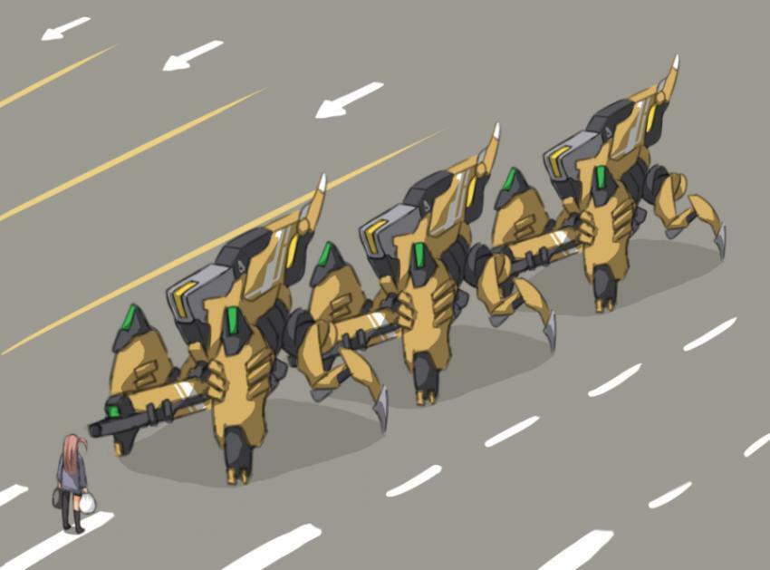 1girl, 3others, artist_request, bag, cannon, english_commentary, girls_frontline, historical_event, manticore_(girls_frontline), multiple_others, parody, photo, pink_hair, road, robot, sangvis_ferri, shopping_bag, st_ar-15_(girls_frontline), tank_man, tiananmen_square