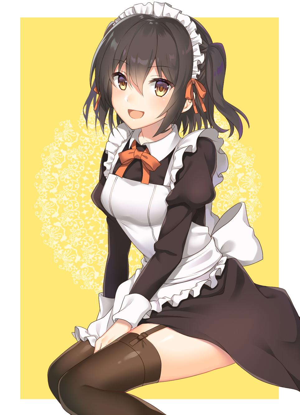 1girl, alternate_costume, apron, bangs, black_hair, black_legwear, blush, breasts