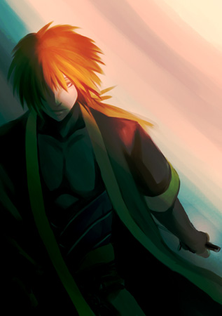 gensou_suikoden, gensou_suikoden_v, knife, lowres, male, orange_hair, shigure, solo