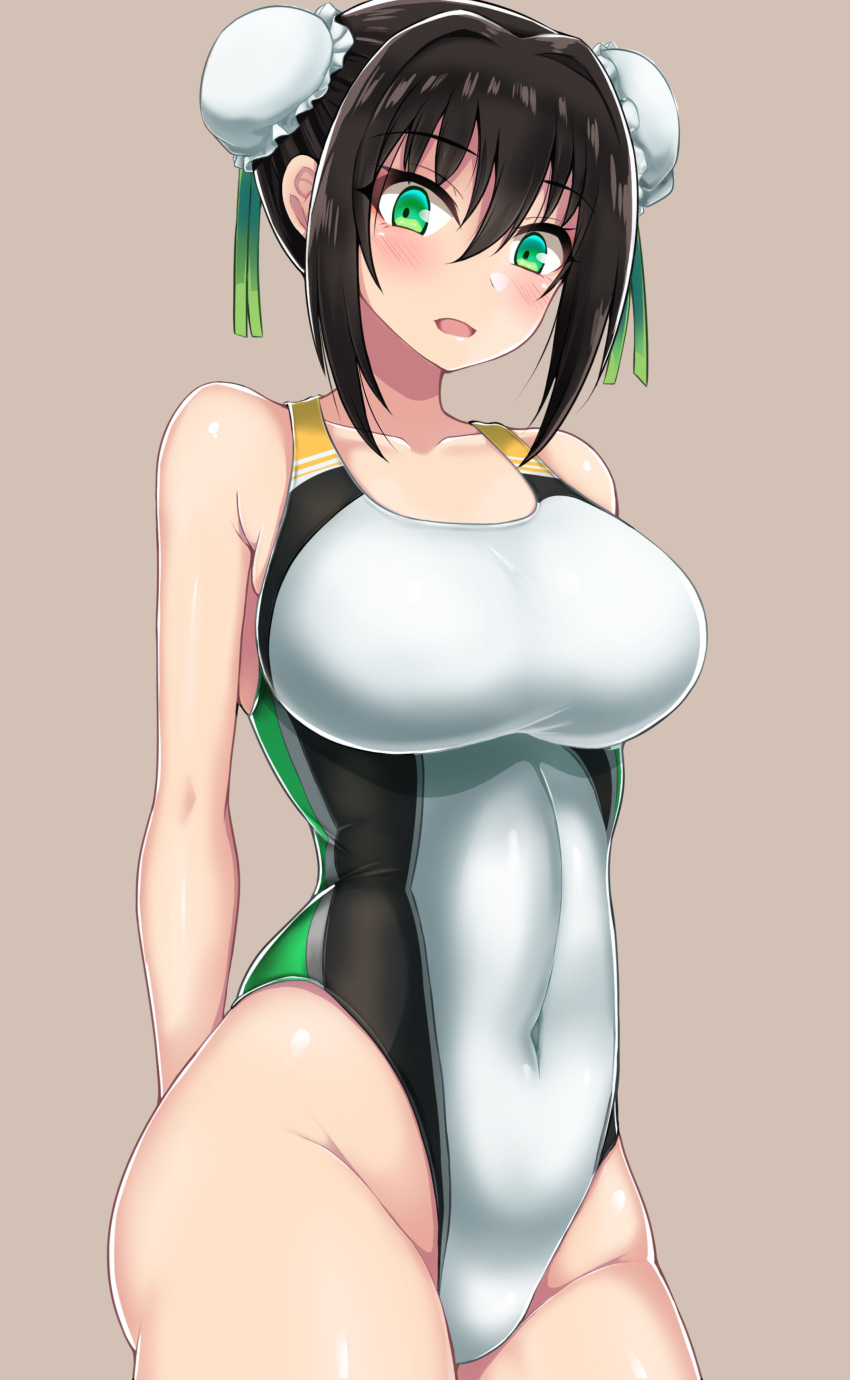 1girl, absurdres, black_hair, blush, breasts, covered_navel, cowboy_shot, double_bun, fate/grand_order, fate_(series), green_eyes, highleg, highleg_swimsuit, highres, large_breasts, one-piece_swimsuit, qin_liangyu_(fate), swimsuit, takanotsume