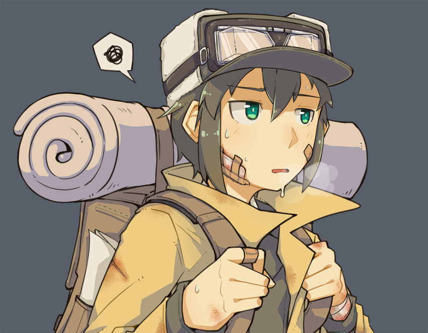 1girl, androgynous, backpack, bag, bandaged_head, bandages, bandaid, bandaid_on_face