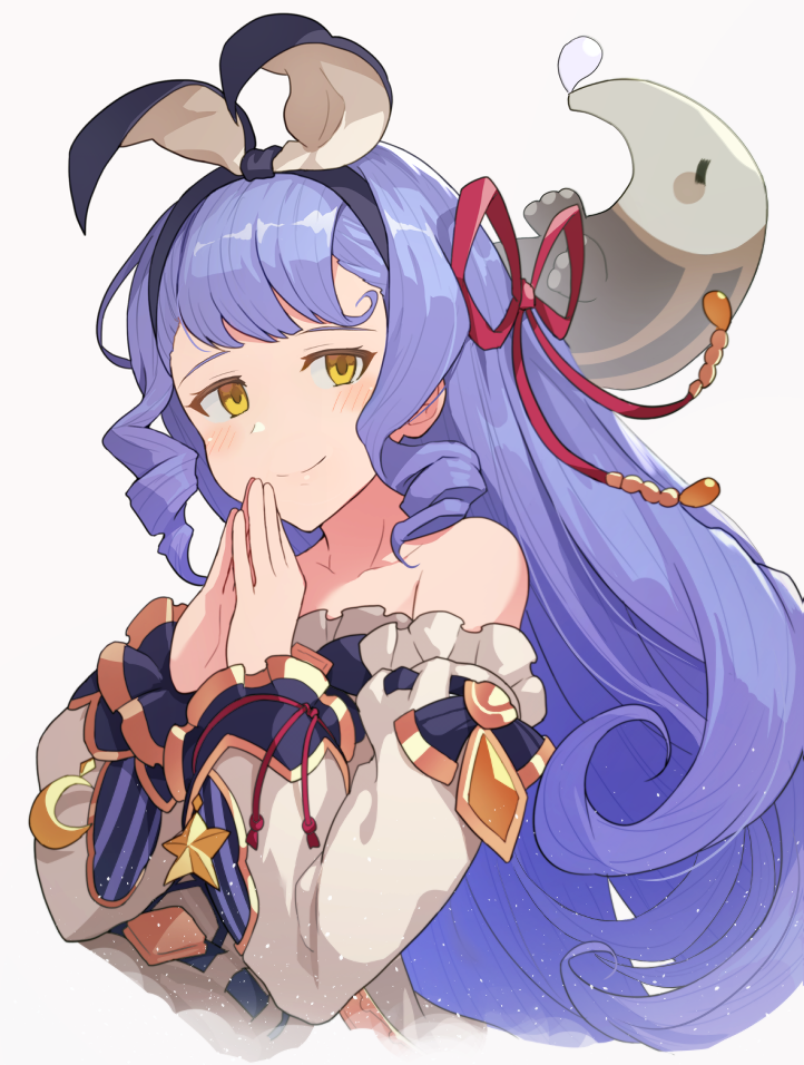 1girl, bangs, bare_shoulders, breasts, collarbone, dress, drill_hair, flush, granblue_fantasy, hair_ribbon, hairband, hinami_(hinatamizu), lavender_hair, long_hair, looking_at_viewer, ribbon, ringlets, simple_background, smile, solo, steepled_fingers, upper_body, very_long_hair, vetor_(granblue_fantasy), white_background, yellow_eyes