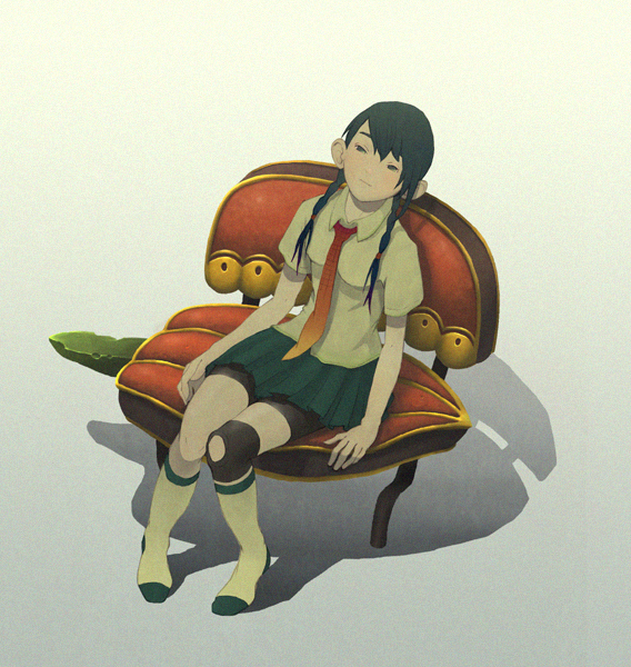 braid, couch, green_eyes, green_hair, knee_brace, looking_up, miniskirt, necktie
