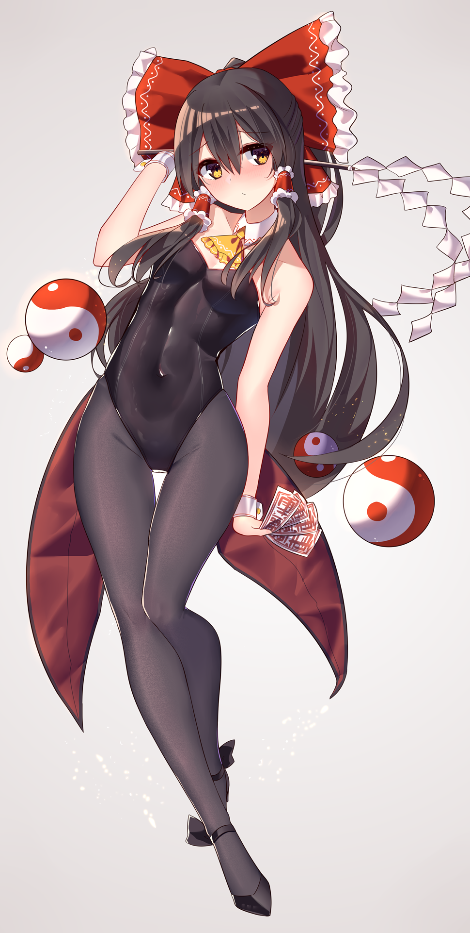1girl, ascot, bangs, bare_arms, bare_shoulders, black_footwear, black_hair, black_legwear
