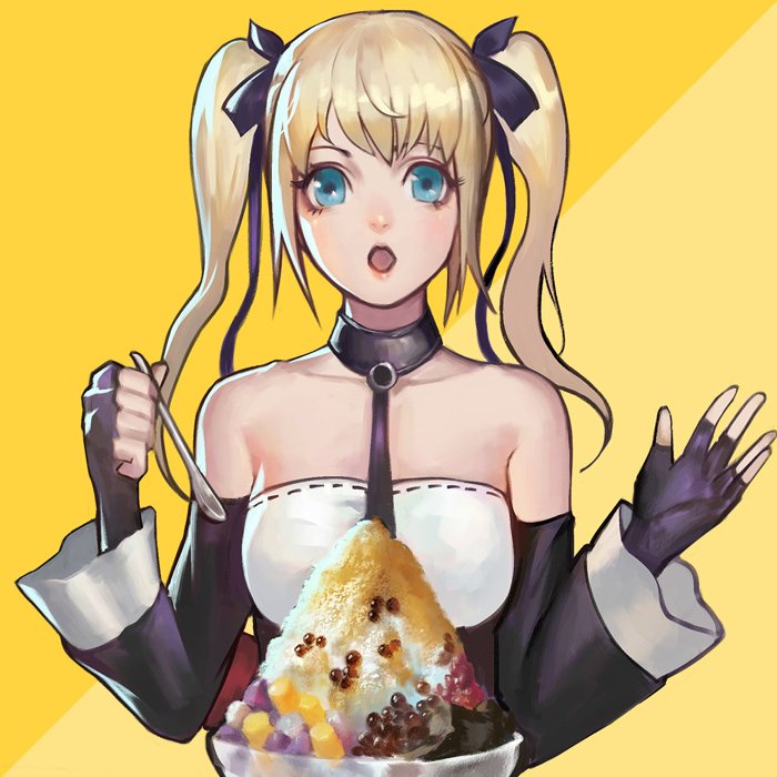 1girl, bare_shoulders, black_ribbon, blonde_hair, blue_eyes, breasts, covered_navel, cup, dead_or_alive, dead_or_alive_5, dead_or_alive_6, detached_sleeves, food, hair_ornament, hair_ribbon, ice_cream, long_hair1, marie_rose, open_mouth, phamoz, ribbon, shaved_ice, small_breasts, smile, solo, spoon, twintails, x_hair_ornament