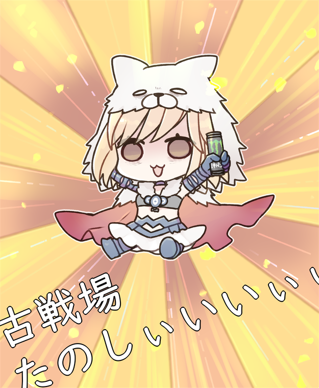 1girl, arms_up, bags_under_eyes, berserker_(granblue_fantasy), can, cape, chibi, djeeta_(granblue_fantasy), empty_eyes, energy_drink, granblue_fantasy, midriff, panda_(azarashi_suki), wolf_pelt
