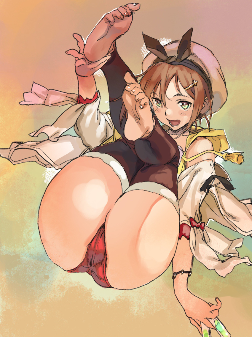 1girl, absurdres, ass, atelier_(series), atelier_ryza, barefoot, belt, breasts