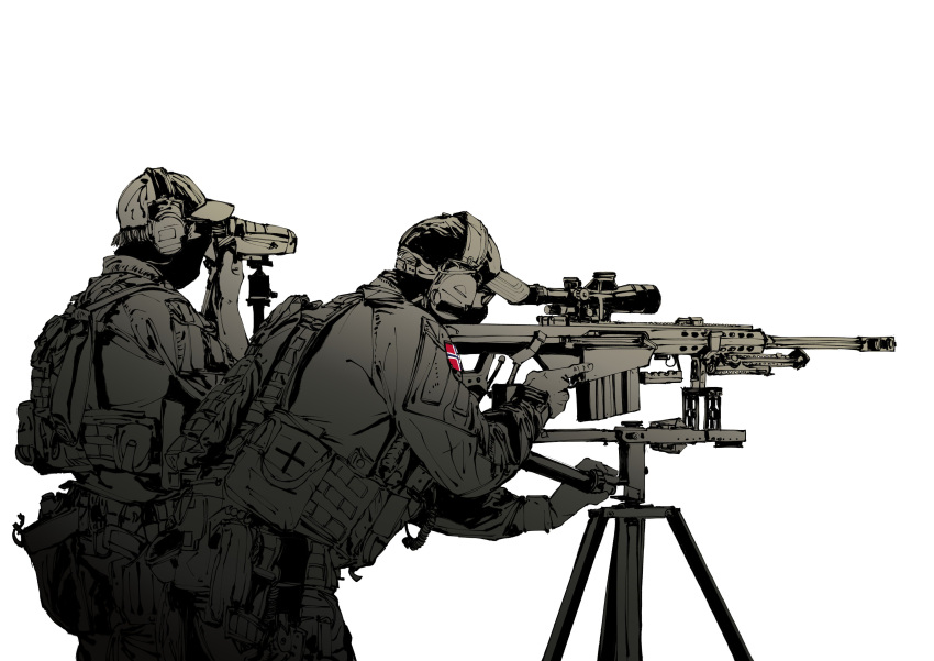 2boys, absurdres, alatchenkov, anti-materiel_rifle, army, barrett_m82, binoculars, glasses