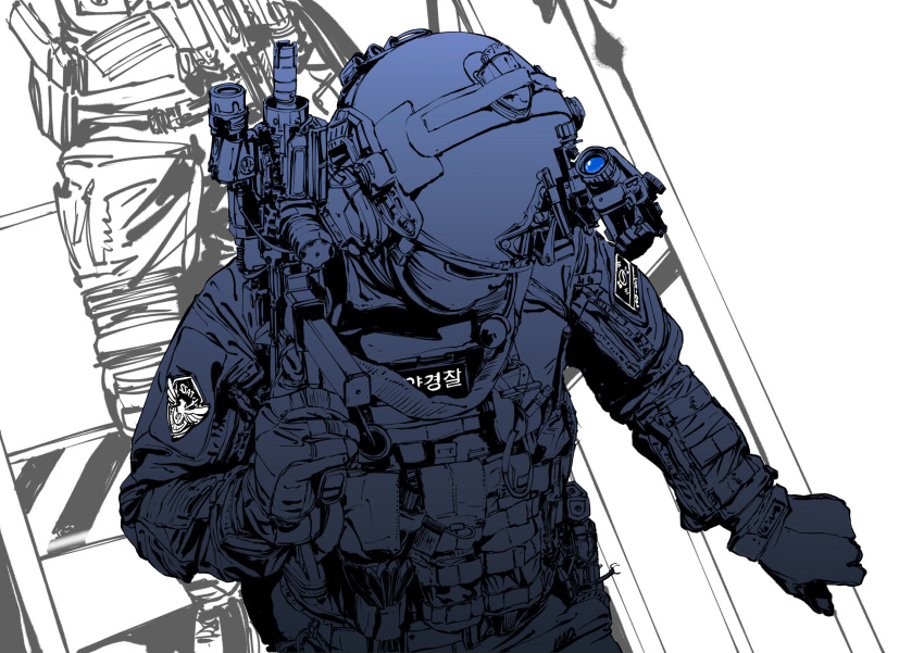 1boy, absurdres, alatchenkov, army, assault_rifle, gloves, gun, helmet, highres, holding, holding_weapon, korean_text, laser_sight, long_sleeves, male_focus, mask, military, military_uniform, monochrome, night_vision_device, original, rifle, scope, simple_background, solo, stairs, uniform, weapon