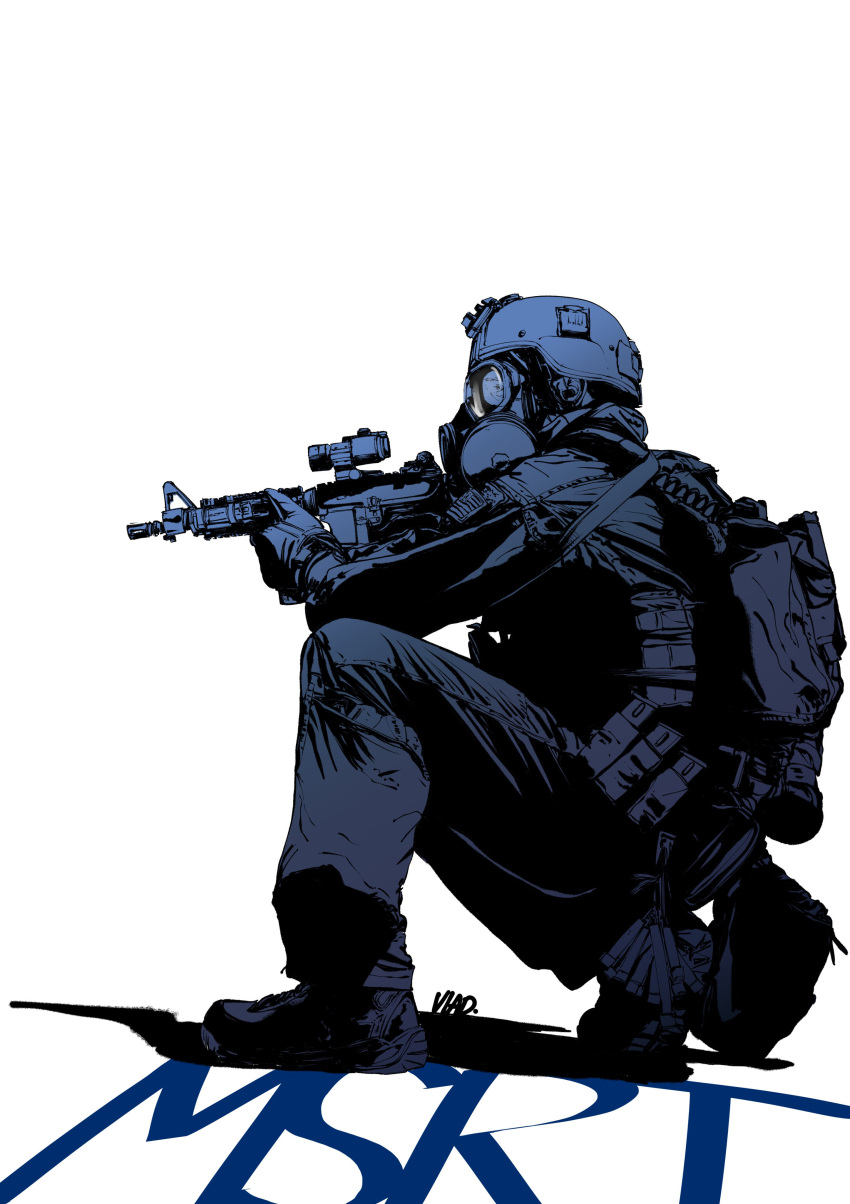 1boy, absurdres, alatchenkov, army, artist_name, assault_rifle, backpack, bag