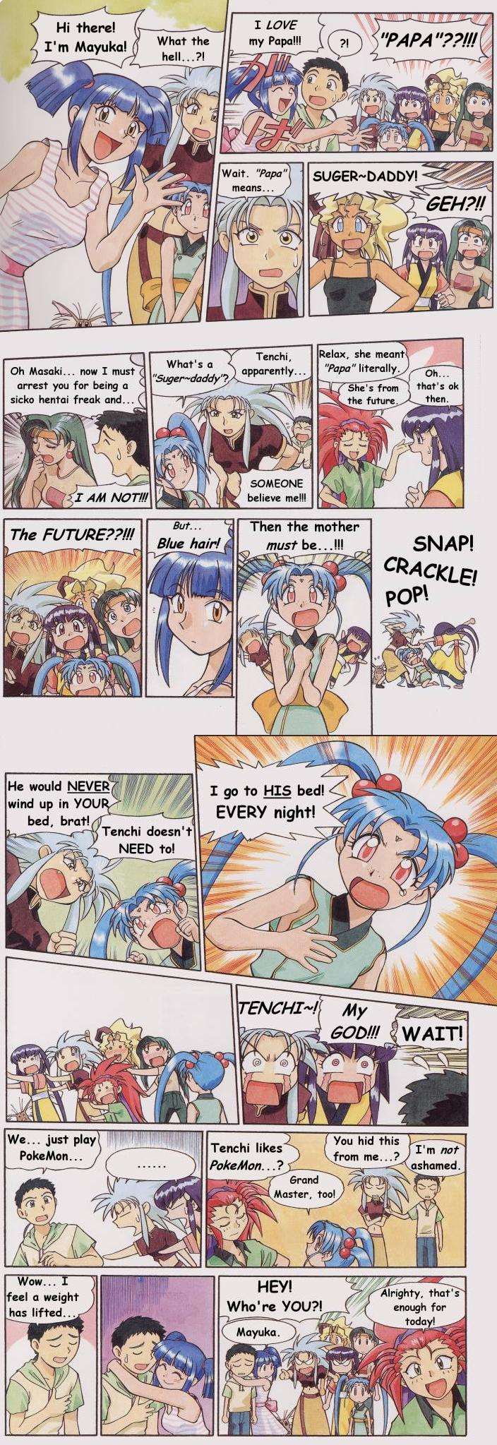 azuma_kiyohiko, black_hair, blonde_hair, blue_eyes, blue_hair, blush, comic, facial_mark