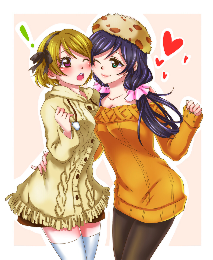 !, arm_around_waist, blush, breasts, brown_hair, cheek-to-cheek, closed_mouth, fur_hat