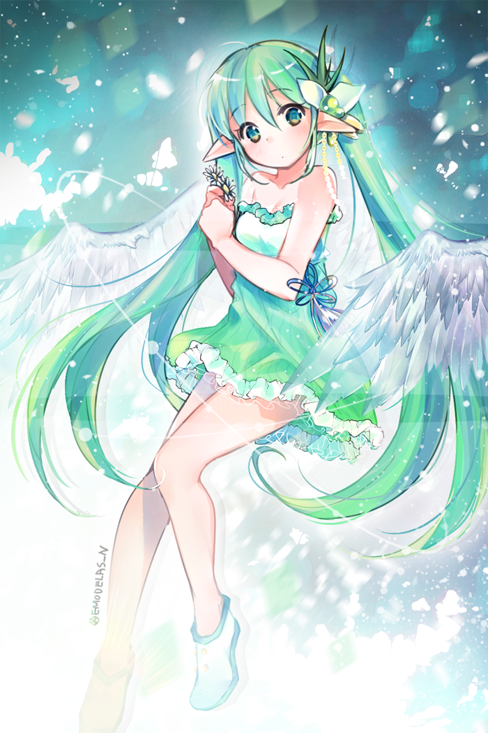1girl, artist_name, bare_shoulders, blue_background, commission, dress, elf, emodelas