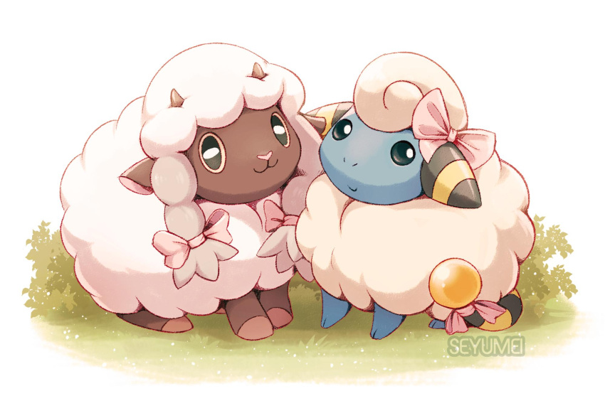 2others, :3, animal_ears, blue_skin, bow, commentary, creatures_(company), dark_skin, fluffy, game_freak, gen_2_pokemon, gen_8_pokemon, hair_bow, happy, highres, horns, looking_at_viewer, mareep, nintendo, no_humans, olm_digital, pink_bow, pokemon, pokemon_gsc, pokemon_swsh, ribbon, seyumei, sheep, sheep_ears, sheep_horns, smile, standing, tail, tail_bow, tv_tokyo, wool, wooloo