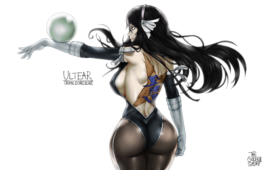 1girl, artist_name, ass, back, back_tattoo, backless_outfit, black_hair, black_legwear