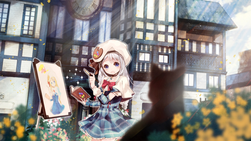 1girl, :o, a.i._chainer, black_cat, blue_dress, blue_eyes, blurry_foreground, book