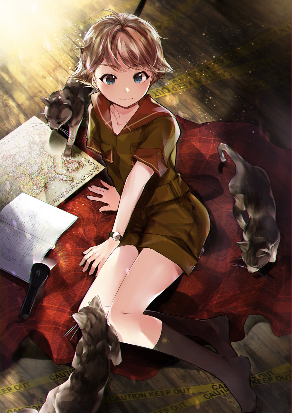 1boy, black_legwear, blanket, blue_eyes, book, brown_hair, cat, caution_tape