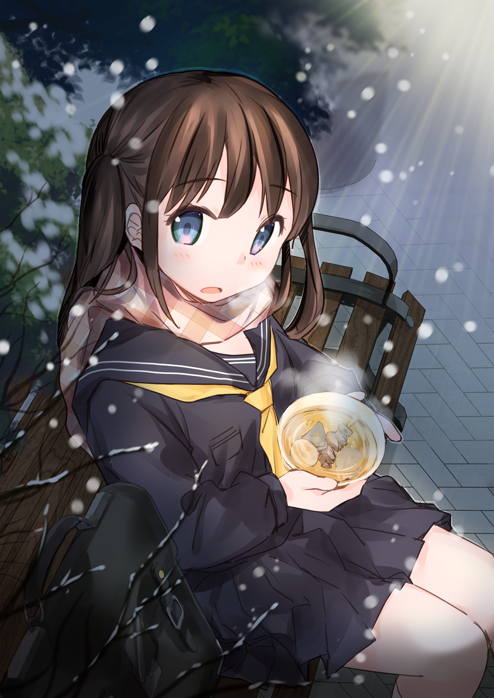 1girl, bag, bench, black_serafuku, blue_eyes, bookbag, brown_hair, emodelas