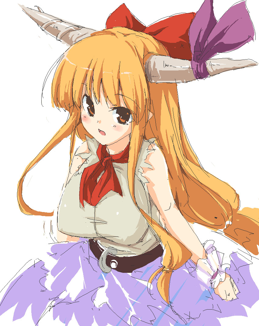bow, breasts, horns, huge_breasts, ibuki_suika, imuraya_ayuka, large_breasts, oekaki, orange_eyes, orange_hair, taut_shirt, touhou