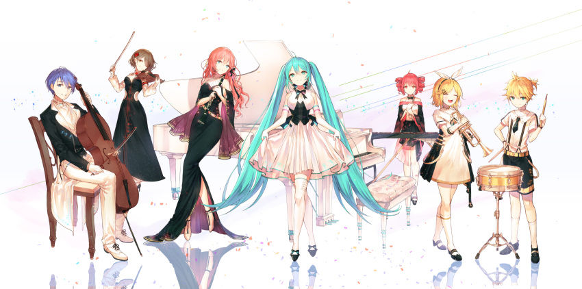 2boys, 5girls, ;), ^_^, ^o^, belt, black_dress, black_jacket