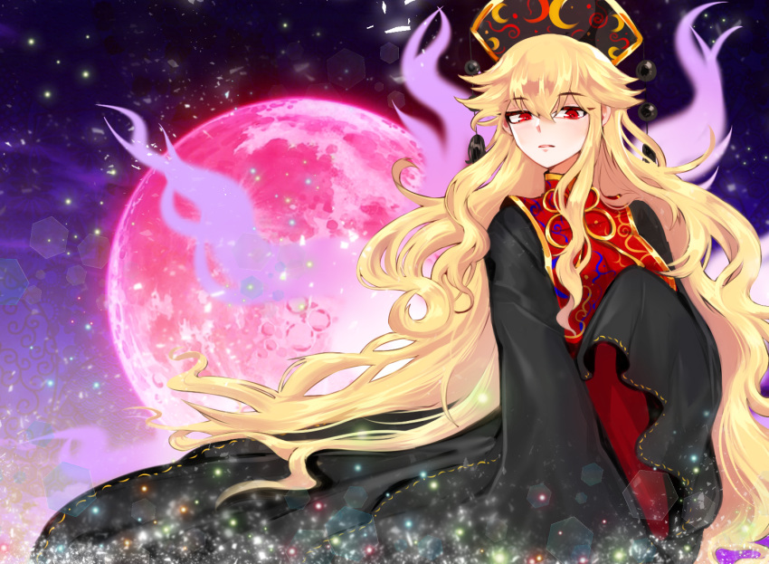 1girl, bangs, black_dress, blonde_hair, chinese_clothes, crescent_print, dress, eyebrows_visible_through_hair, fengguan, hat, junko_(touhou), light_particles, long_hair, long_sleeves, looking_down, mindoll, moon, pink_moon, red_eyes, sidelocks, sleeves_past_fingers, sleeves_past_wrists, solo, tabard, touhou, very_long_hair, wide_sleeves