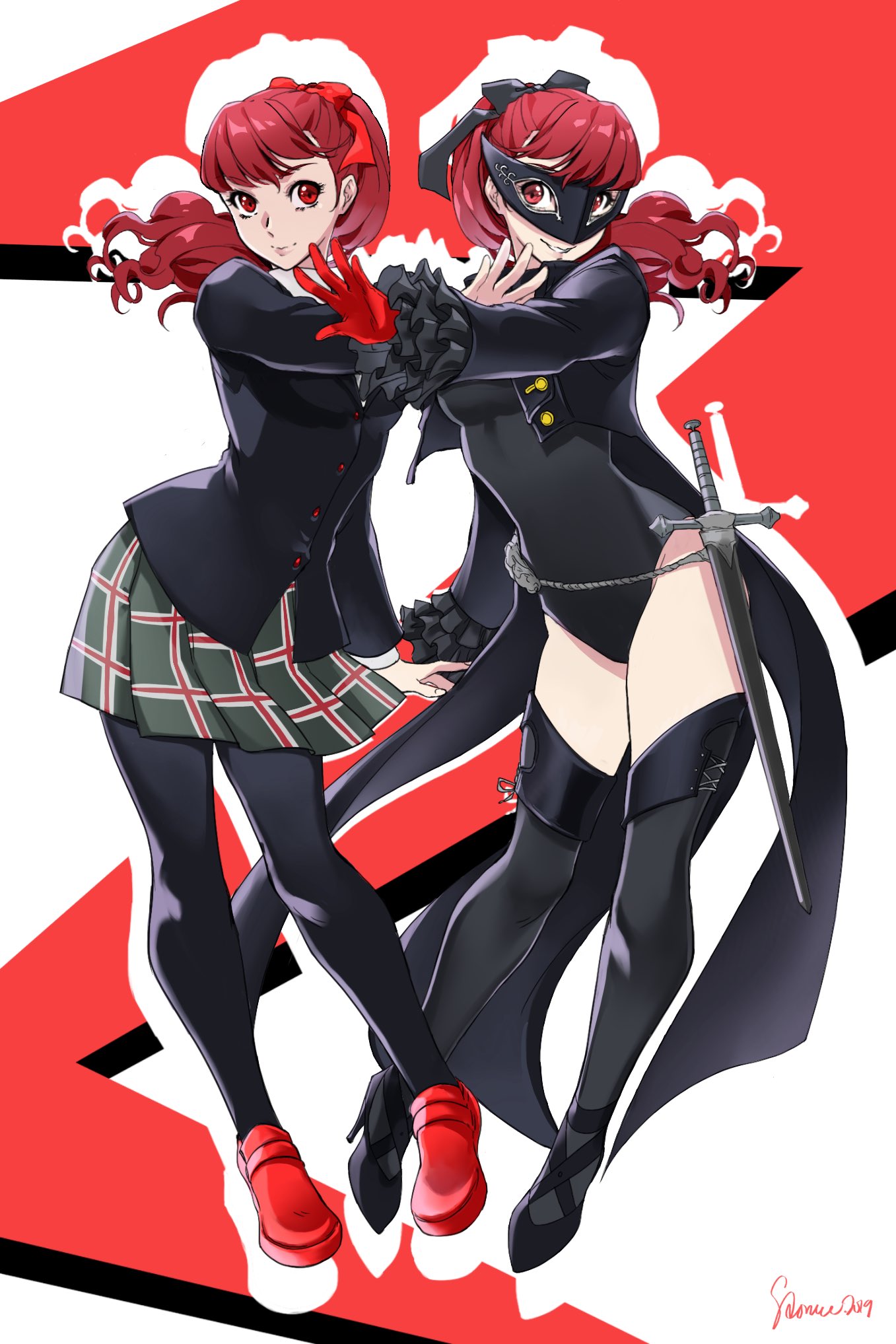 1girl, black_bow, black_jacket, black_legwear, bow, breasts, dual_persona, gloves