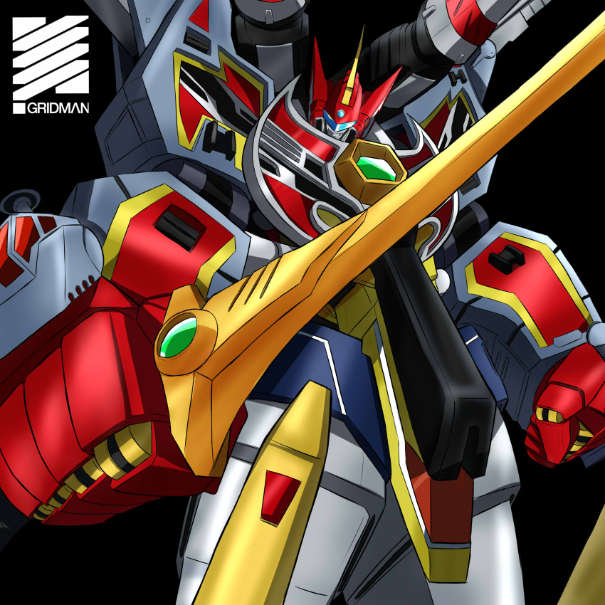1boy, absurdres, armor, black_background, cannon, character_name, character_request, drill