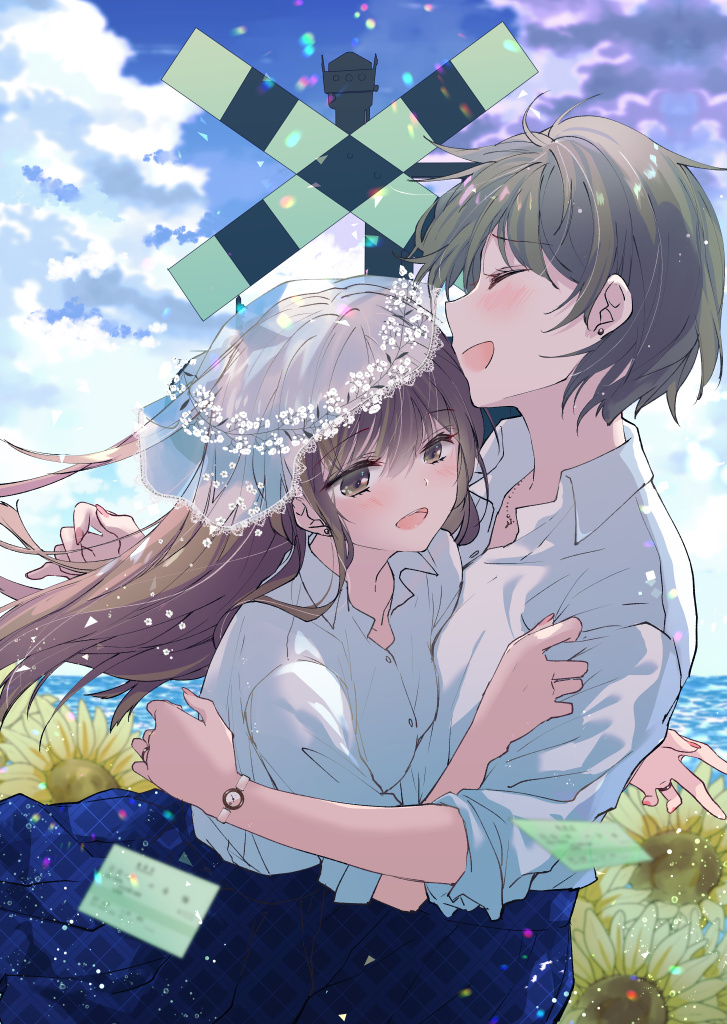 2girls, blue_skirt, blue_sky, blush, brown_eyes, brown_hair, closed_eyes, earrings