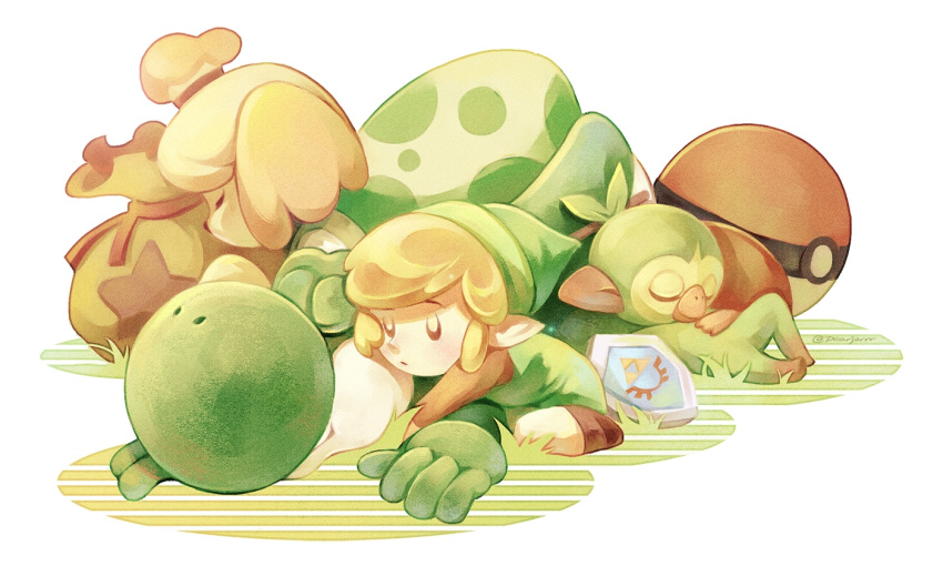 10s, 1boy, 2019, 3others, animal_crossing, bag, blonde_hair, chimpanzee