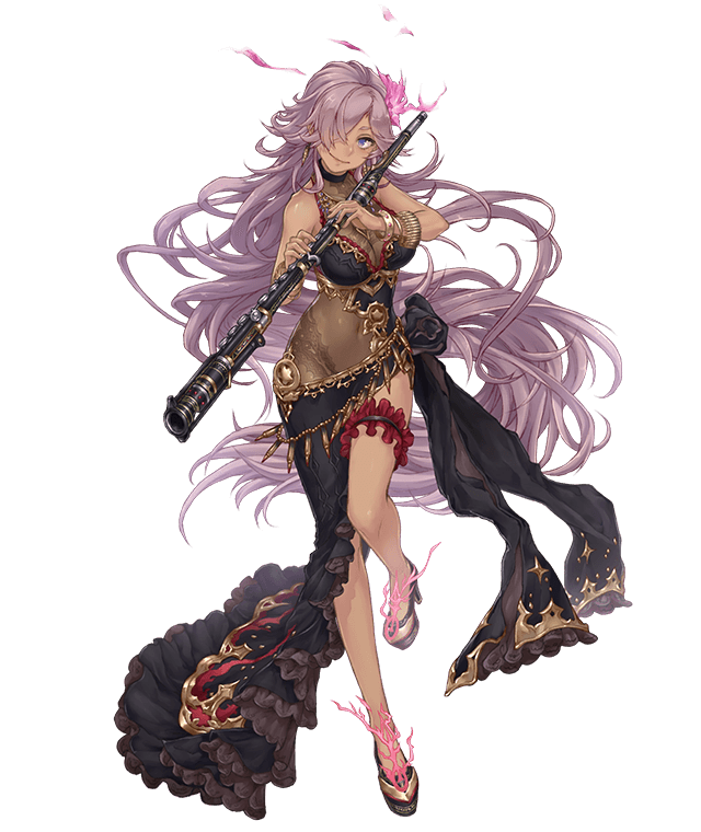 1girl, blue_eyes, bracelet, breasts, cinderella_(sinoalice), dark_skin, dress, flower