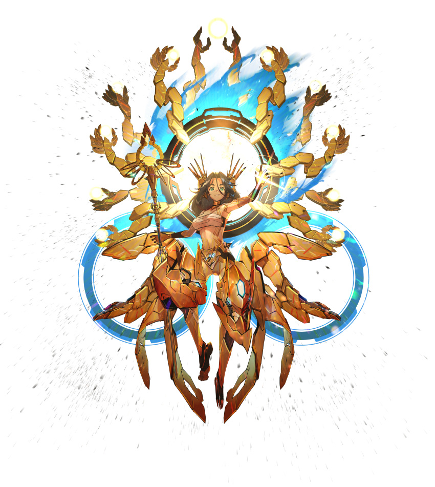 1girl, absurdres, alice_gear_aegis, blue_fire, brown_hair, commentary_request, elbow_gloves, extra_arms