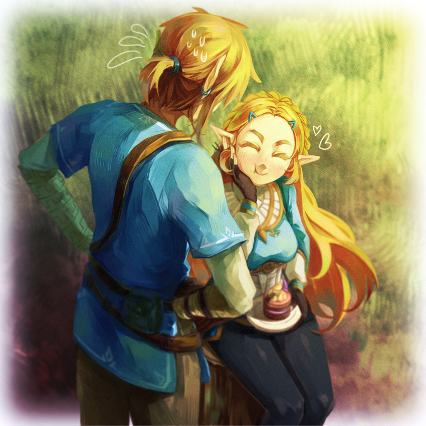 1boy, 1girl, black_gloves, black_pants, blonde_hair, braid, closed_eyes, earrings