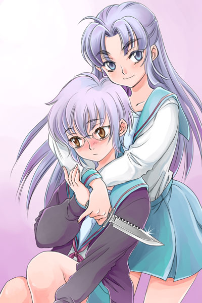 ahoge, asakura_ryouko, blue_eyes, blue_hair, blush, bob_cut, cardigan, hug