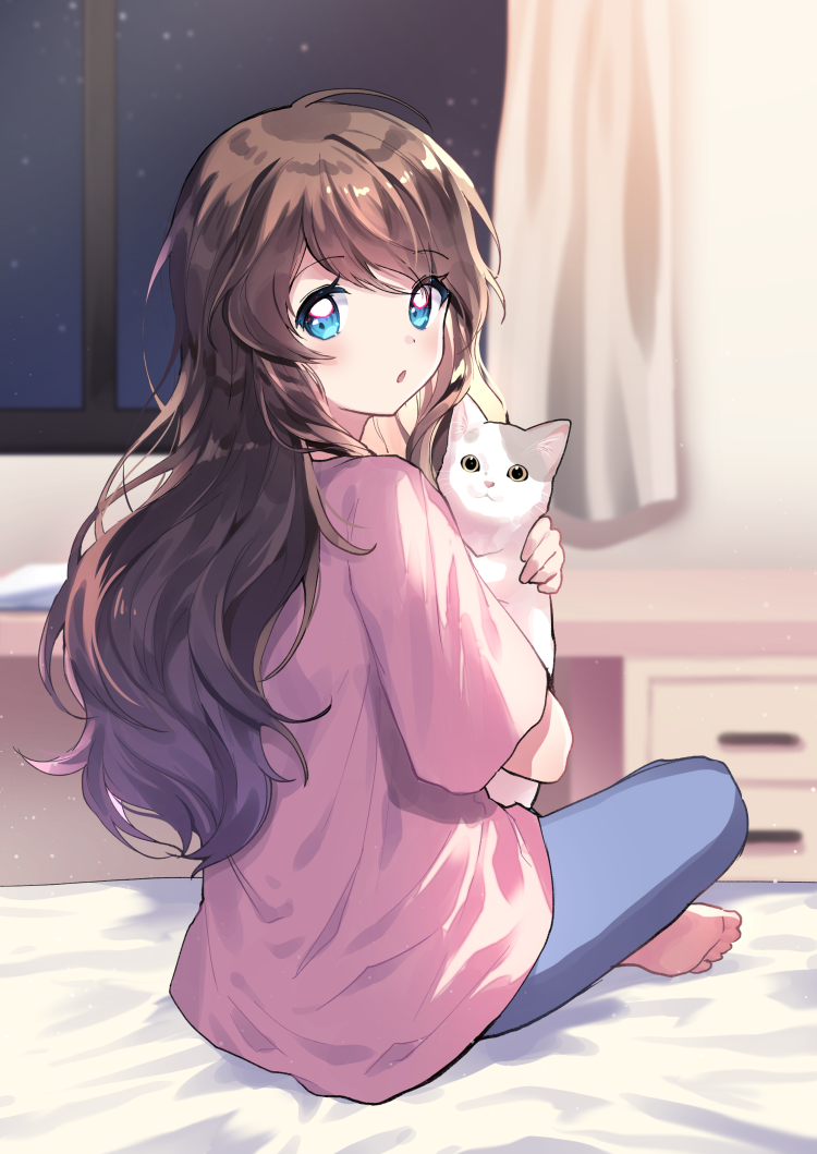 1girl, animal, animal_hug, bangs, barefoot, bed_sheet, blue_eyes, blue_pants, blurry, blurry_background, blush, brown_hair, cat, curtains, depth_of_field, desk, eyebrows_visible_through_hair, hair_between_eyes, indoors, long_hair, looking_at_viewer, looking_back, mechuragi, night, night_sky, on_bed, original, pants, parted_lips, pink_shirt, shirt, short_sleeves, sky, soles, solo, window