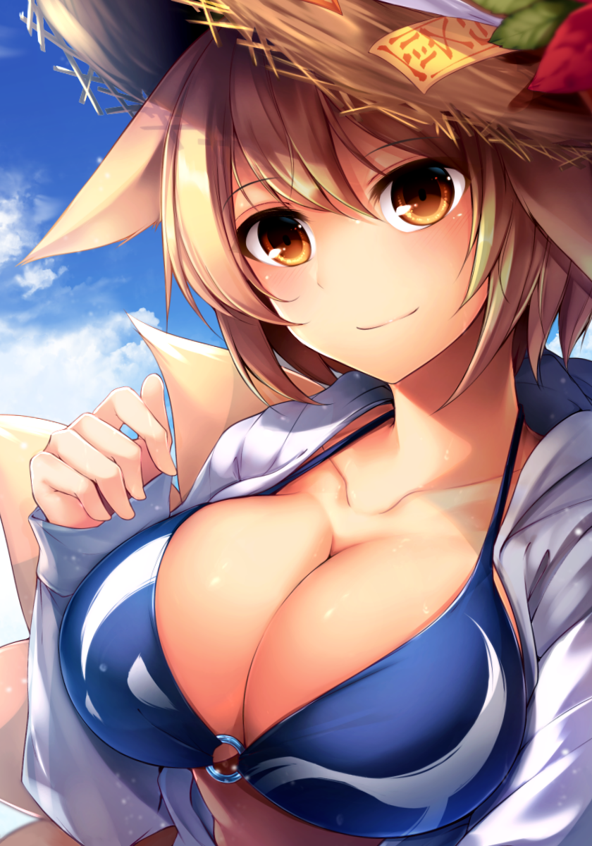1girl, adapted_costume, alternate_headwear, animal_ears, bikini, blonde_hair, blue_bikini, blue_sky